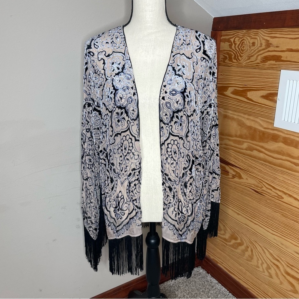 Hale Bob Silk Fringe Velvet Burnout Kimono Medium Blue Black Paisley Sheer Boho